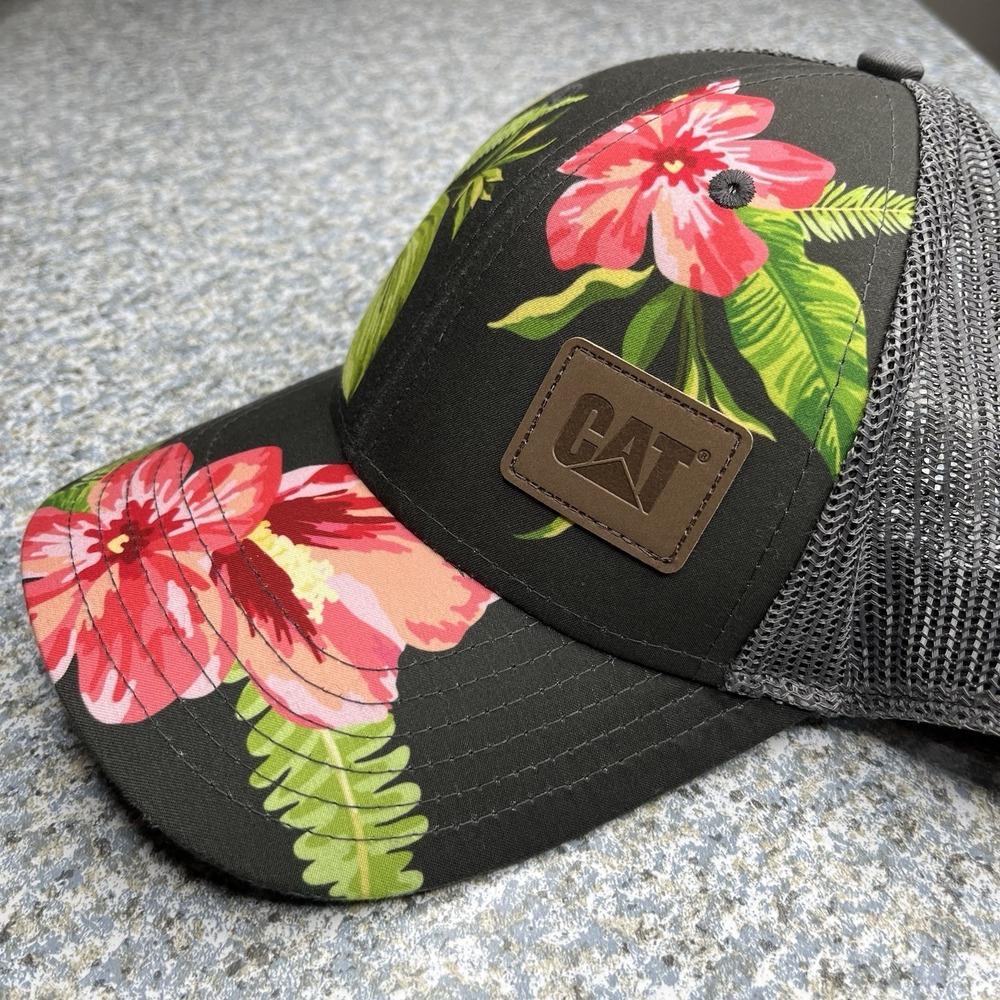 CAT Floral Trucker Hat Snapback Mesh Back Black Tropical Hawaiian Cap